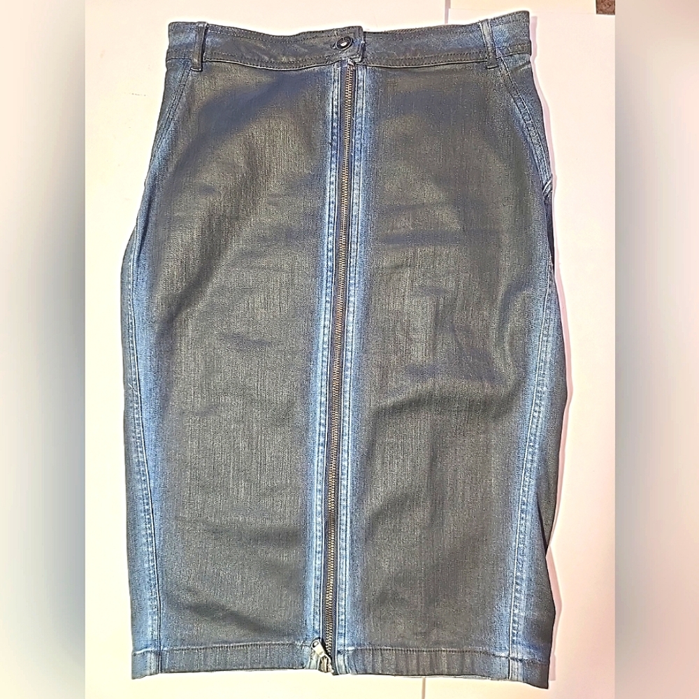 Cop.Copine Treated Denim Front Full Zip Skirt - Blue Size 40 Euro